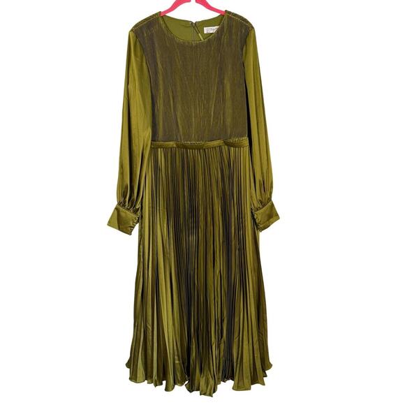 MAC DUGGAL Long Sleeve High Neck Pleated Charmeuse Olive Dress Size 14 - Picture 2 of 7